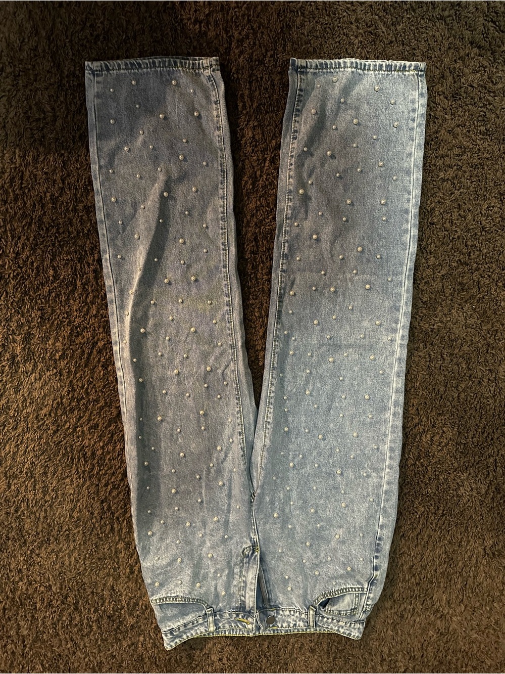 Pearl-Stud Light Blue Straight Leg Jeans - Women